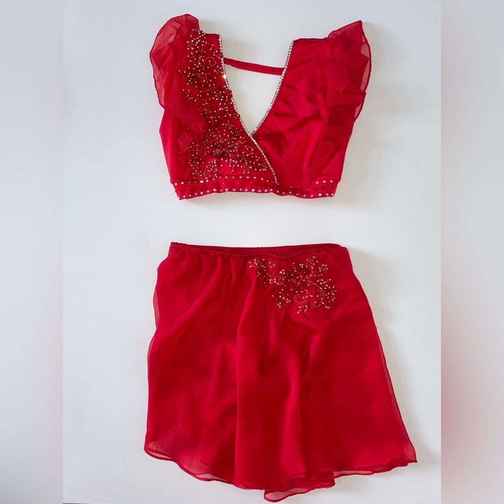 Custom red lyrical costume, medium adult. Fully rhinestoned.